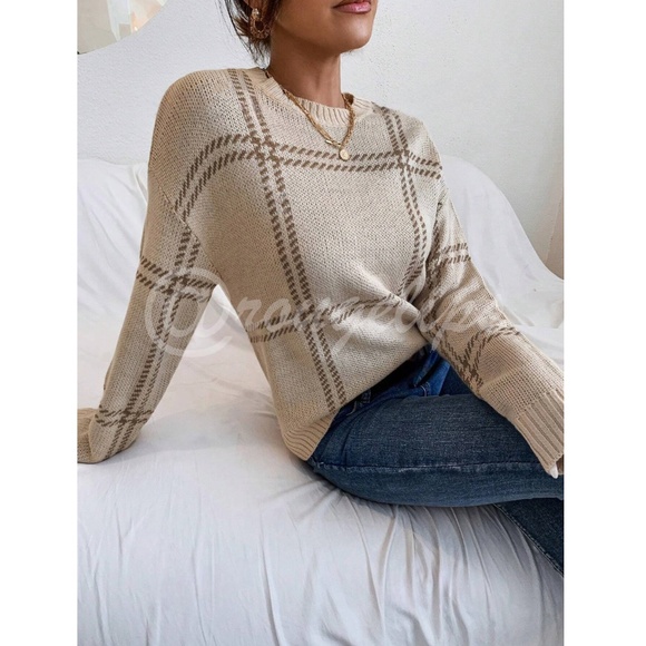 Grid Plaid Pattern Beige Knit Crew Neck Pullover Sweater - Picture 6 of 9